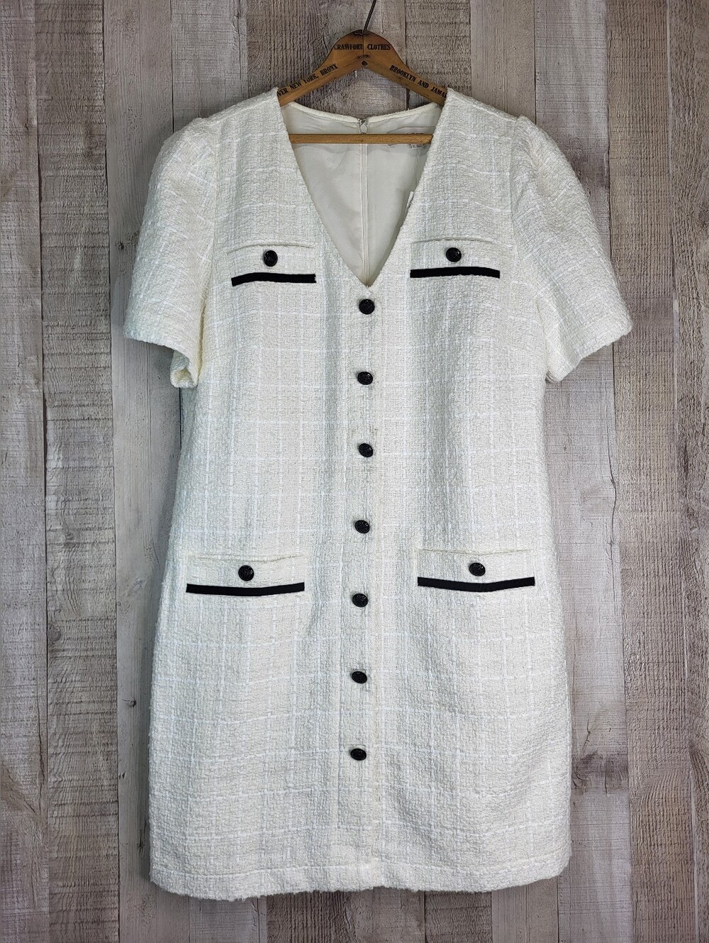 LOFT Cream Tweed Shift Dress with Black Trim. Size 12. Brand New.